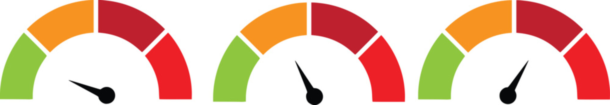 speedometer color icon set. Low, medium, high speedometer sign. Rating Speed Meter vector 