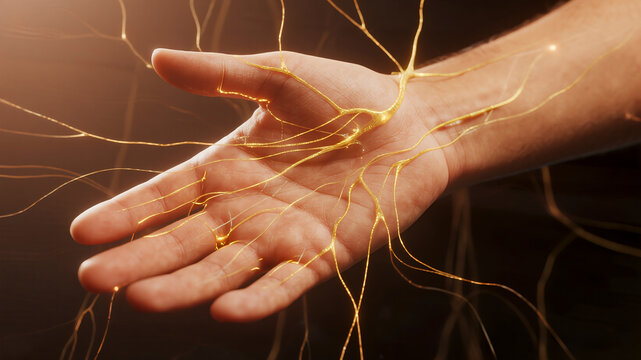 An abstract conceptual photo shows subtle glowing lines along the nerves of a human hand symbolizing chronic pain and repetitive strain injury