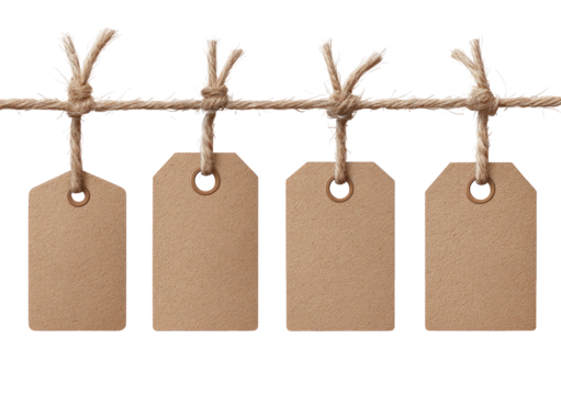 Four blank kraft paper tags hanging from a linen rope