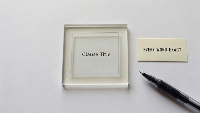 Transparent square frame with text 'Clause Title' and nearby label 'Every Word Exact' showcasing clarity and precision in documentation - Powered by Adobe