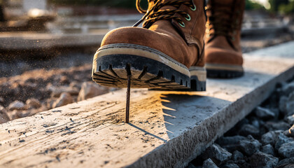 Construction worker boot stepping on protruding nail demonstrating puncture hazard