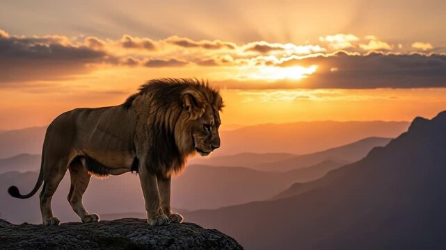 Majestic Lion Silhouetted Against the Fiery Backdrop of Sunset, Standing on a Mountain