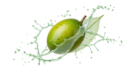 Fresh Green Fruit with Leaf Splashing in Water, A Refreshing Visual Experience