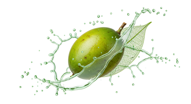 Fresh Green Fruit with Leaf Splashing in Water, A Refreshing Visual Experience