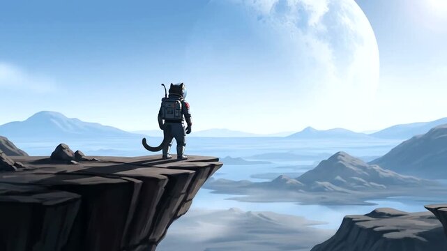 A feline astronaut gazes over a vast alien landscape under a large moon, exploring new worlds - Powered by Adobe