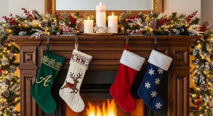 Cozy christmas fireplace with stockings and garland