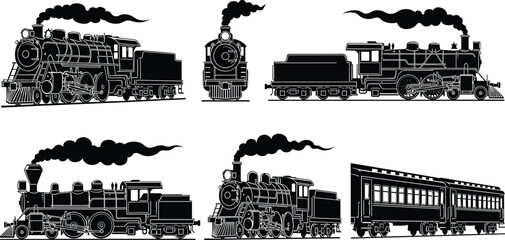 Set of vintage steam train silhouettes featuring black locomotives with smoke and railway carriages isolated on white background for transportation vector illustration design art.