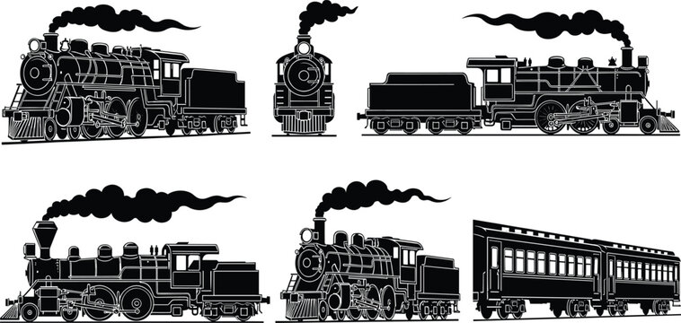 Set of vintage steam train silhouettes featuring black locomotives with smoke and railway carriages isolated on white background for transportation vector illustration design art.
