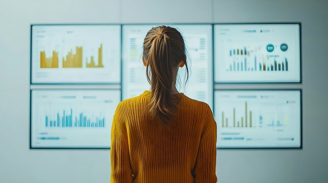 Woman looking at multiple screens displaying charts and graphs in a modern office setting space data