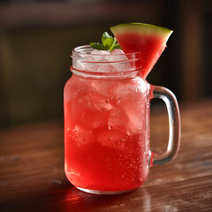 A refreshing glass jar filled with vibrant watermelon juice, packed with ice cubes and topped with a juicy watermelon slice and fresh mint leaves.