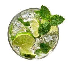 Refreshing cocktail lime, mint, and ice, top-down view