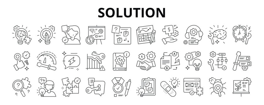30 Solution Line Icons Vector - Smart Solution, Problem Solver, Help Plan, Support Option, Fast Response, Backup Plan, Best Answer