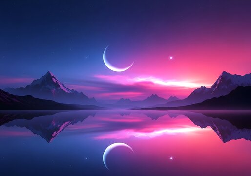 Serene crescent moon reflects in calm water amidst majestic mountains at dusk