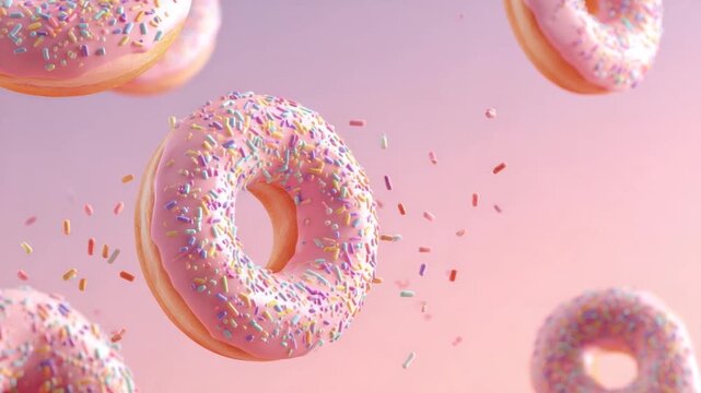 Floating pink donuts covered in sprinkles against a gradient pink and purple background