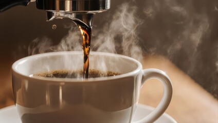 Espresso pouring into a white cup, steam rising