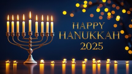Happy Hanukkah 2025 – Menorah with Glowing Candles and Festive Lights