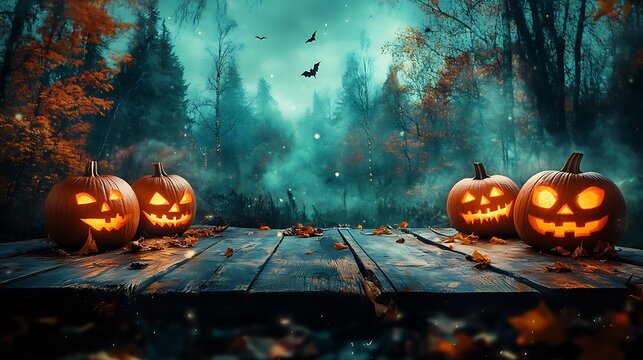 Halloween pumpkins glowing on a wooden table with bats flying in a foggy forest background scene