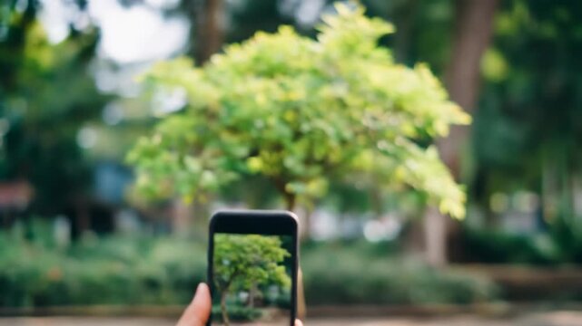Hand hold smartphone displaying green tree roots nature technology environmental concept