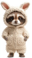 Cute raccoon in a bunny hoodie outfit.