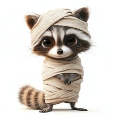 A cute raccoon wrapped in bandages.