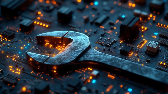 A wrench resting atop a complex computer circuit board with glowing orange and blue lights around it