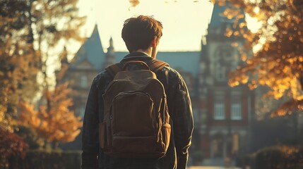 A student with a backpack walking towards a building on a campus during the autumn season light shining through