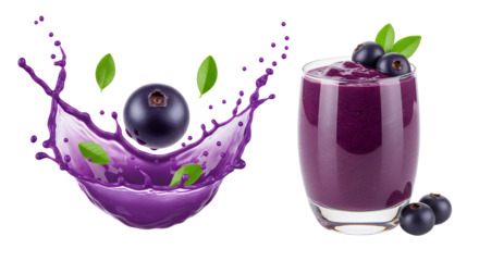 Dynamic splash of a dark berry into vibrant purple liquid, accented with green leaves, symbolizing natural refreshment and juice, alongside a healthy berry smoothie drink