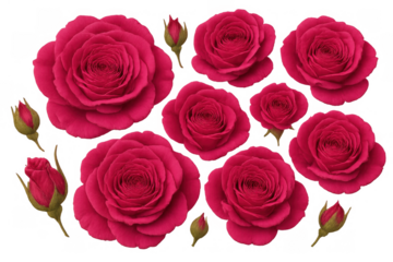 Pink and red roses and rosebuds blooming, creating a floral border or design element on transparent background