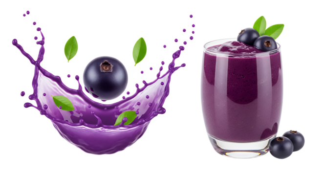 Dynamic splash of a dark berry into vibrant purple liquid, accented with green leaves, symbolizing natural refreshment and juice, alongside a healthy berry smoothie drink