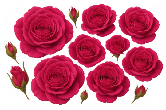 Pink and red roses and rosebuds blooming, creating a floral border or design element on transparent background