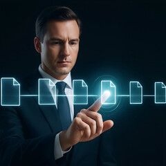 Man touches digital document icons on a glowing line