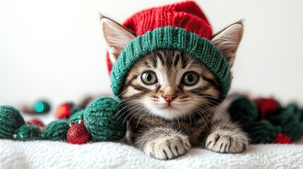 Adorable kitten wearing a festive holiday hat.