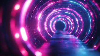 Abstract tunnel with glowing circles in pink and blue creating a futuristic perspective