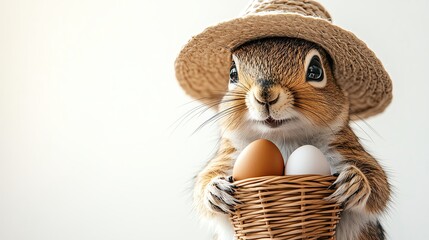 Cute rabbit with eggs in a basket.