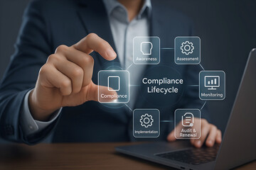 Businessman illustrating the compliance lifecycle on a digital flowchart