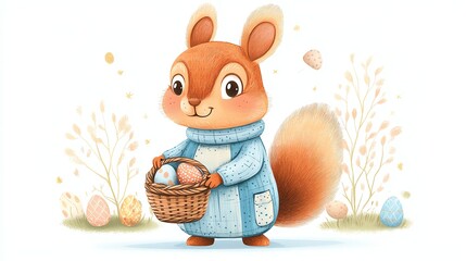 Cute squirrel holding a basket of eggs.