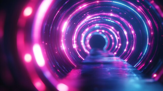 Abstract tunnel with glowing circles in pink and blue creating a futuristic perspective
