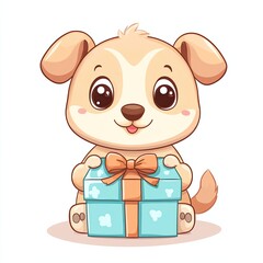 Cute puppy holding a gift box.