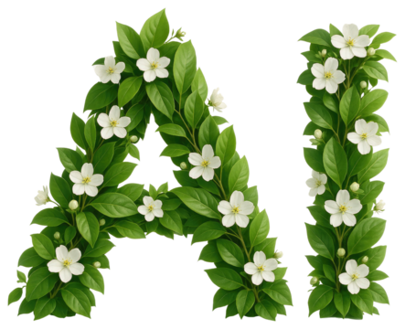 Letter A formed by green leaves and white flowers on a transparent background isolated on a transparent background