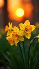 Obraz premium Sunset casts warm light on a cluster of daffodils, petals glowing , petal, sunset