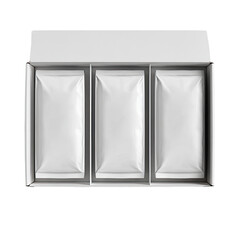 Three sealed pouches in an open, white box, top view
