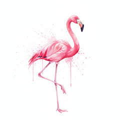 Vibrant pink flamingo stands gracefully one leg, depicted an expressive watercolor art style with subtle paint splashes. elegant bird exudes serene and exotic beauty, creating captivating visual
