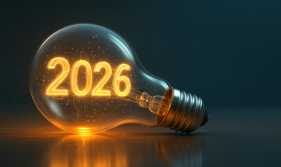 new year 2026 , A yellow light bulb , Generative ai