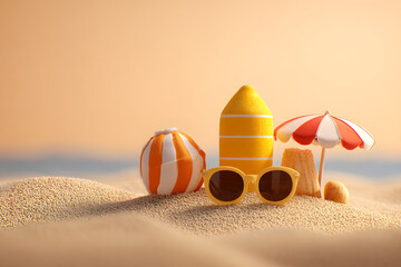 Colorful beach toys and accessories create a playful scene on sandy shore under a sunny sky