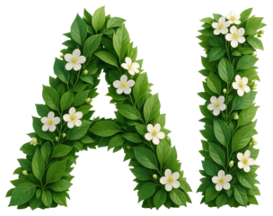 Letter A formed by green leaves and white flowers on a transparent background isolated on a transparent background