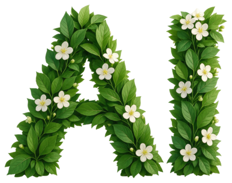 Letter A formed by green leaves and white flowers on a transparent background isolated on a transparent background