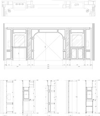 Classic Luxury Living Room Interior Drawing with Showcase and Storage Cabinet Design, Including Floor Plan, Elevation, Section, and Full Construction Details