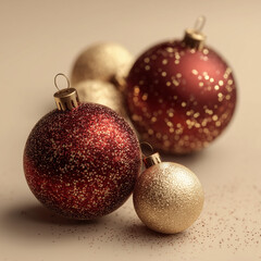 Decorative Christmas ornaments in red and gold on festive background  