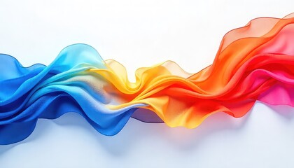 A flowing multicolored fabric transitioning from blue to orange and red on a white background