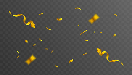 Realistic golden confetti and shiny serpentine streamers falling down, isolated on a transparent background for festive party decoration